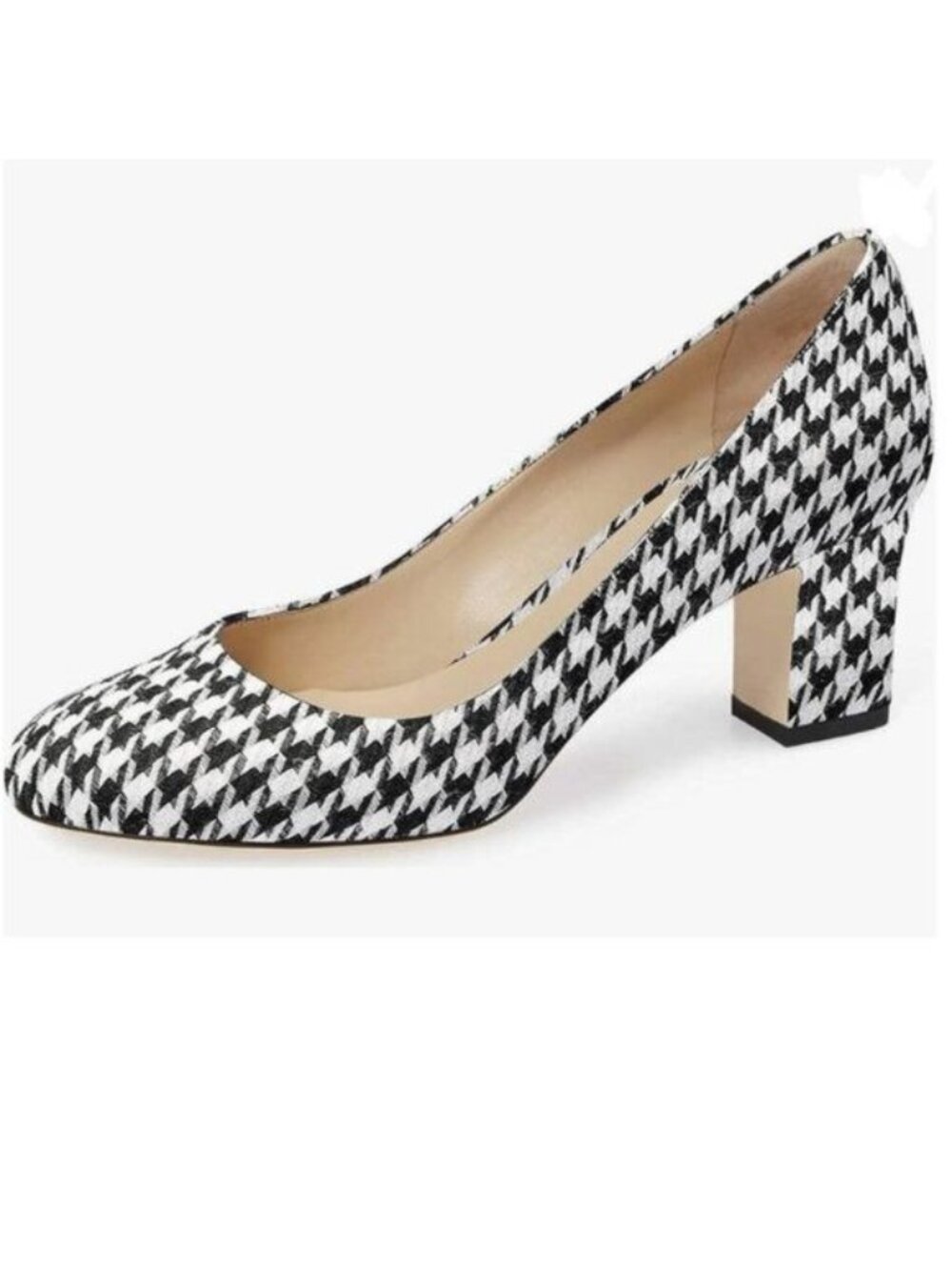XYD Black Houndstooth Round Toe Chunky Heel Pumps Slip On Office Business Shoes